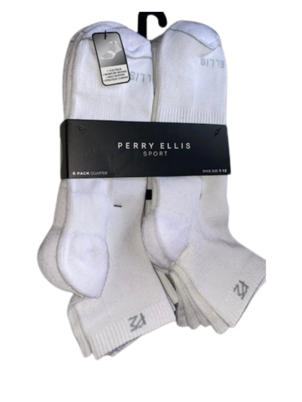 Perry Ellis Sport 6 Pair Men's White Quarter Socks, Shoe Size 7-12